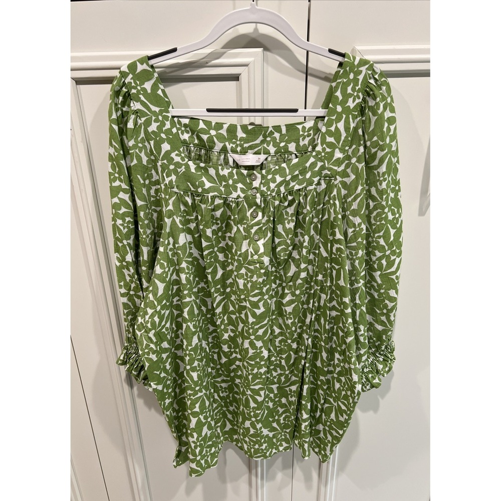 LC Lauren Conrad Floral Square Neck Peasant Top Green & White Cottagecore Boho